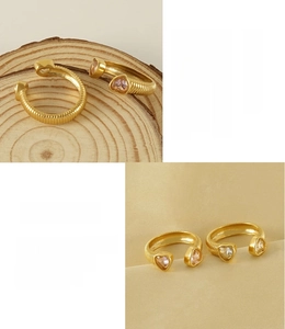 Detail of 18K gold plated stainless steel heart ring with purple and white zircon stones