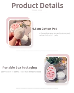 Detail view of 4.5cm round nail polish remover pads in a strawberry scent portable box
