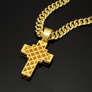 Golden hip hop cross necklace with hollow mesh pendant and thick Cuban chain link