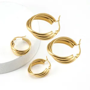 Pendientes De Aro De Triple Capa Acero Inoxidable Chapado En Oro De 18K Geométrico Multicírculo Joyería De Moda Mujer