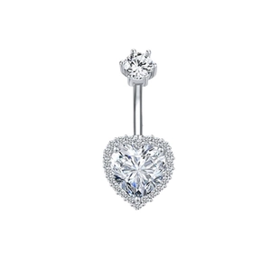 Silver belly button ring featuring a round zircon top and large heart-shaped stone