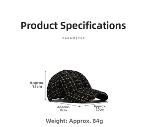 Tableau des tailles pour casquette en tweed indiquant 13 cm de hauteur et 8 cm de visière