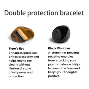 Detail of tiger's eye and black obsidian stone beads on double protection bracelet