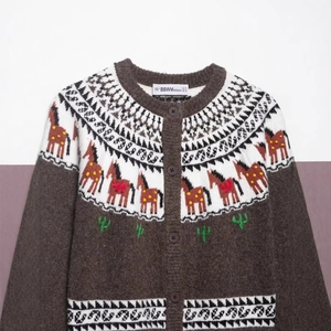 Women's vintage Fair Isle knit cardigan in dark brown with horse and cactus patterns