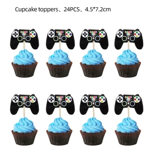 Set of 24 game controller cupcake toppers for blue gamer birthday party decorations