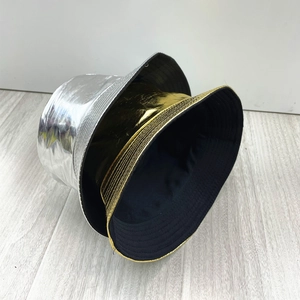 Top view of metallic gold and silver faux leather bucket hats with reflective surface