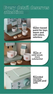 Detail of wooden coffee machine toy with smooth rounded edges and water-based paint