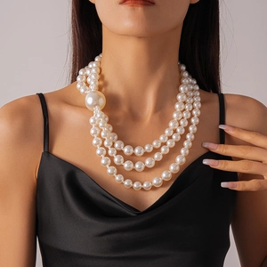 Multi Layered Imitation Artificial Pearl Necklace Three Layers Retro Exaggerated Asymmetric Large Artificial Pearl Accent Women Vintage Jewelry