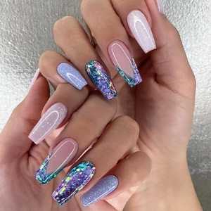 Long Coffin Press On Nails ABS Plastic French Gradient Glitter Sequin False Nails Simple Solid Color For Women