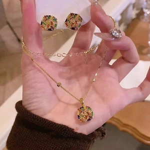 Gold plated hexagonal jewelry set with colorful square stones necklace and earrings