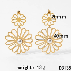 Detail view of gold stainless steel hollow flower earrings with pearls and size 40mm specs