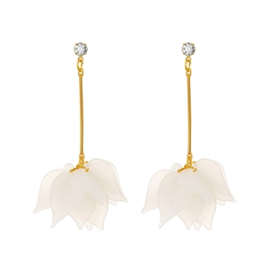 Elegant gold drop earrings with sparkling rhinestones and frosted white flower petals