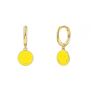 Detailed close-up of S925 sterling silver hoop earrings with yellow enamel smiley face charm
