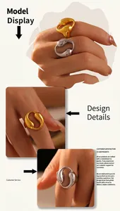 Detailed view of entwined gold and silver liquid metal rings in a layered collage display