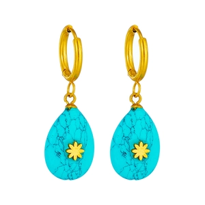 Vintage gold teardrop turquoise dangle earrings with floral accents and round hoop