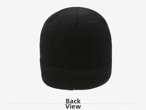 Back view of a classic black ribbed knit beanie for men and women in winter