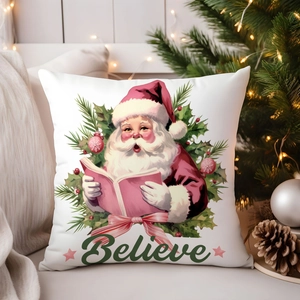 Vintage Santa Claus Christmas pillowcase with Believe text on white fabric in festive setting