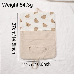 Detailed view of dual-layer cotton baby crib organizer with bear print and tissue opening