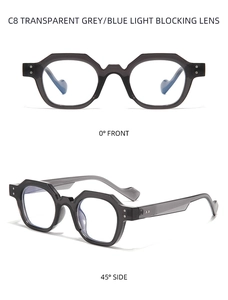 Detail view of transparent grey anti-blue light glasses with rivet accents and TR frames