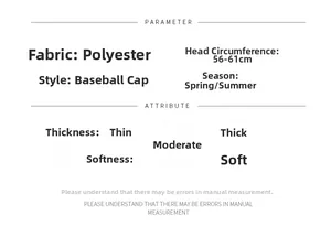 Detailed size chart and specifications for the polyester mesh breathable baseball cap