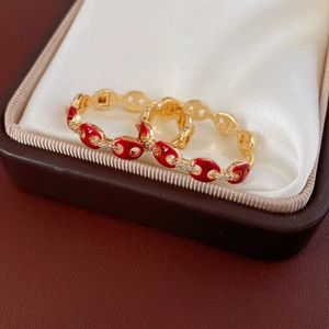 Detail of red enamel pig nose hoop earrings with cubic zirconia in a jewelry box