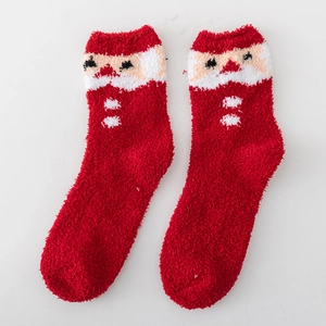 Thick coral fleece Christmas socks featuring a plush Santa Claus design in red and white