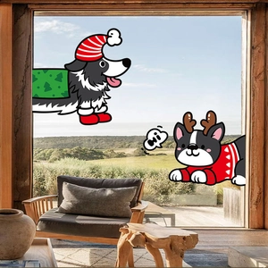 Autocollants de Noël pour fenêtres avec border collie et carlin en tenues de fête