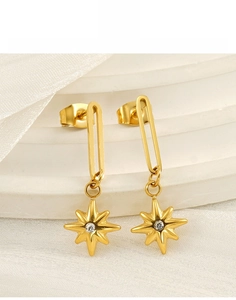 Detail of 18K gold plated eight-pointed star earrings with sparkling zircon center