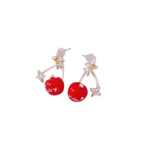 S925 silver star stud earrings with lucky red cherry pendants and yellow zircon inlay