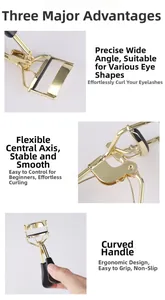 Detail shots showing wide-angle mouth, flexible center axis, and curved handle of eyelash curler