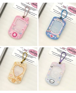Four colorful acrylic magnetic card holders with cute puppy designs and bead chains