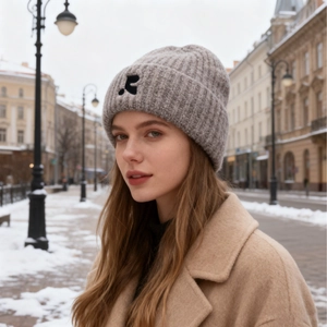Chic grey knit beanie with puppy embroidery for women worn in snowy winter street
