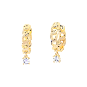 Fashion gold chain hoop earrings with round clear crystal pendants on a white background