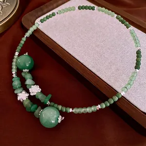 Green Natural Stone Jade Beaded Necklace With Silver Alloy Lotus Flower Pendant Vintage Chinese Style Women Accessory