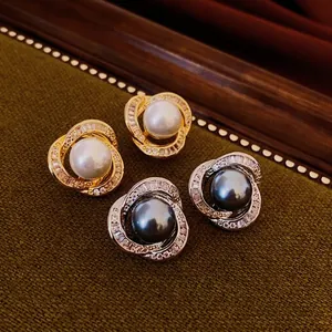 Exquisite pearl stud earrings with zircon wrap in gold and silver asymmetric color set