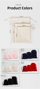 Velvet jewelry pouches in three sizes and five colors showing dimensions and soft texture