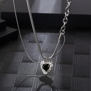 Dual-layer silver titanium steel necklace with black heart pendant and mixed chain design