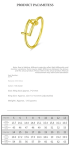Detailed size chart for the adjustable 925 sterling silver ring in 18k gold finish
