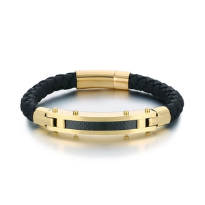 Men's woven leather bracelet with stainless steel gold accents and carbon fiber inlay