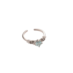 Adjustable silver rose flower ring with central blue stone and zircon accents