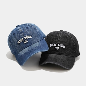 Vintage washed denim baseball caps with New York 08 embroidery in navy and black colors