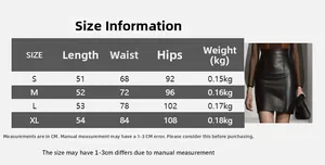Detailed size chart for high waist PU leather skirt with measurements in centimeters