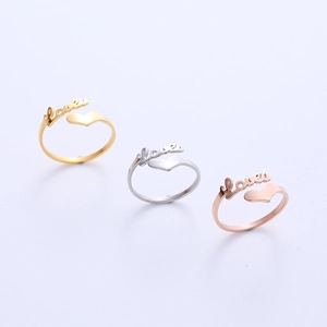 Three minimalist adjustable Love rings in gold, silver, and rose gold finishes