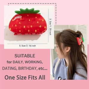 Detailed view of red acrylic strawberry hair claw clip showing dimensions and hair styling use