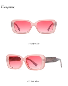 Vista dettagliata frontale e laterale di occhiali da sole rettangolari rosa alla moda