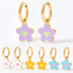 Colorful enamel flower hoop earrings with heart centers in polished gold stainless steel