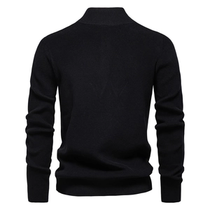 Detailed back view of black knit sweater showing ribbed texture and stand collar