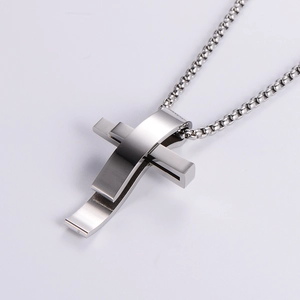 Men's stainless steel necklace with a unique cross pendant and polished round box chain