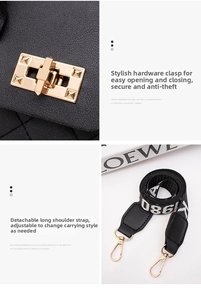 Detail of black quilted bag featuring gold metal lock and adjustable woven shoulder strap