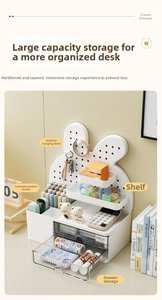 Close-up of bunny pegboard desk organizer showing tiered shelves and storage compartments